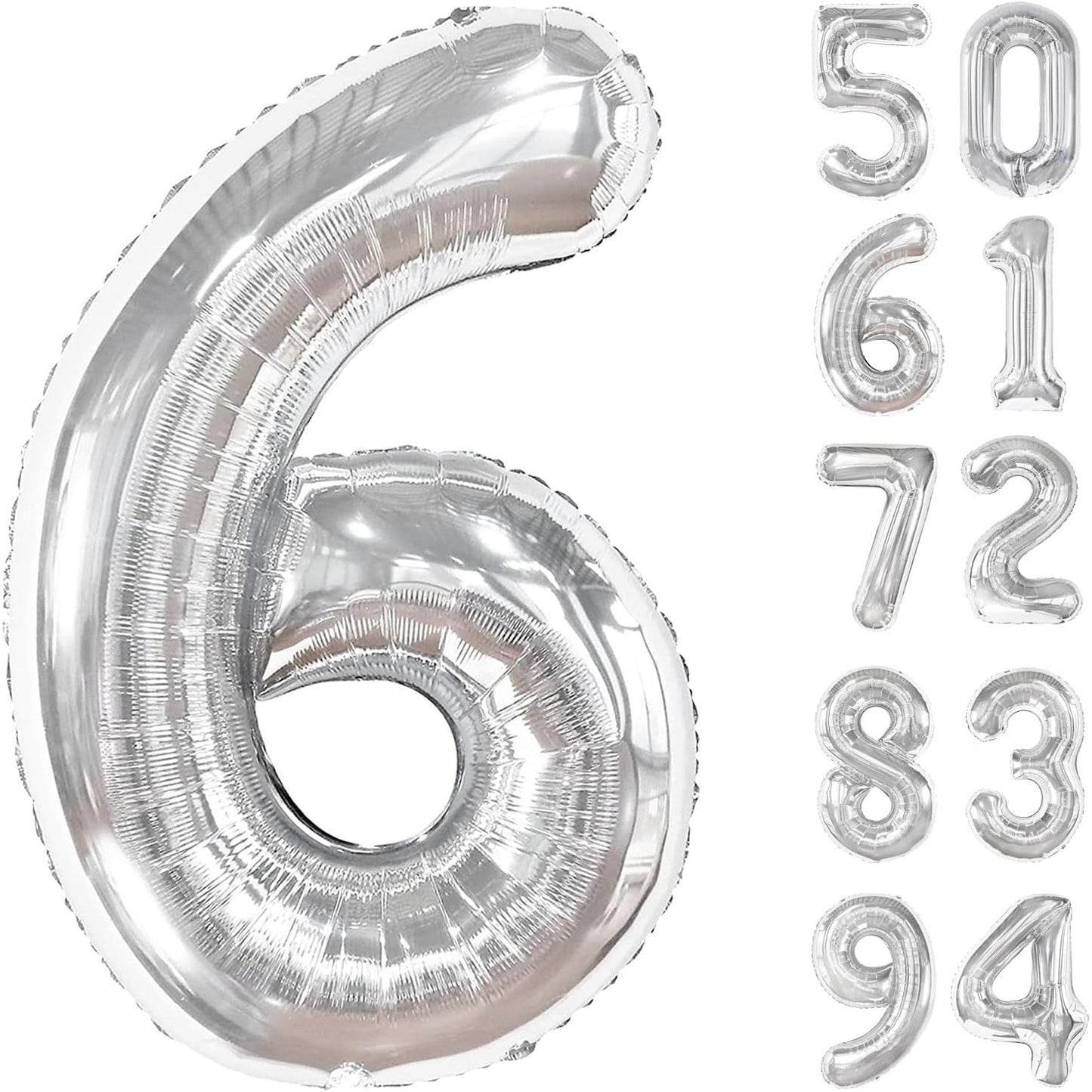 Balon din Folie Metalizata, Figurina Cifra, Tema Aniversare 80 cm, Ambalaj Individual, Pai inclus, Umflare cu Aer sau Heliu, Argintiu, Cifra 6