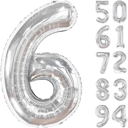 Balon din Folie Metalizata, Figurina Cifra, Tema Aniversare 80 cm, Ambalaj Individual, Pai inclus, Umflare cu Aer sau Heliu, Argintiu, Cifra 6