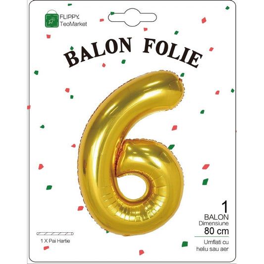 Balon din Folie Metalizata, Figurina Cifra, Tema Aniversare 80 cm, Ambalaj Individual, Pai inclus, Umflare cu Aer sau Heliu, Auriu, Cifra 6