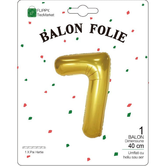 Balon din Folie Metalizata, Figurina Cifra, Tema Aniversare 40 cm, Ambalaj Individual, Pai inclus, Umflare cu Aer sau Heliu, Auriu, Cifra 7