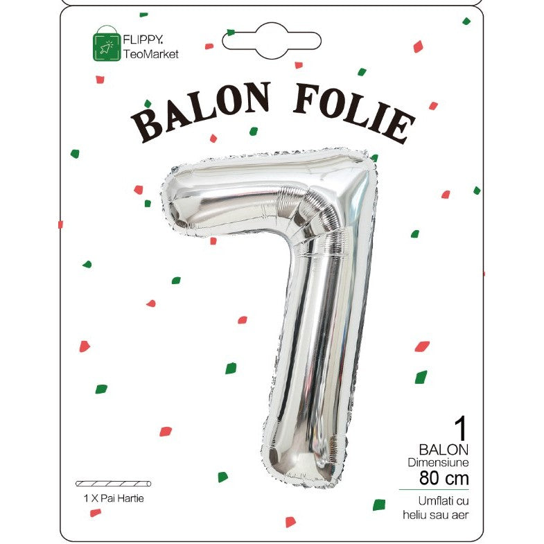 Balon din Folie Metalizata, Figurina Cifra, Tema Aniversare 80 cm, Ambalaj Individual, Pai inclus, Umflare cu Aer sau Heliu, Argintiu, Cifra 7