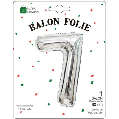 Balon din Folie Metalizata, Figurina Cifra, Tema Aniversare 80 cm, Ambalaj Individual, Pai inclus, Umflare cu Aer sau Heliu, Argintiu, Cifra 7