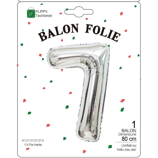 Balon din Folie Metalizata, Figurina Cifra, Tema Aniversare 80 cm, Ambalaj Individual, Pai inclus, Umflare cu Aer sau Heliu, Argintiu, Cifra 7