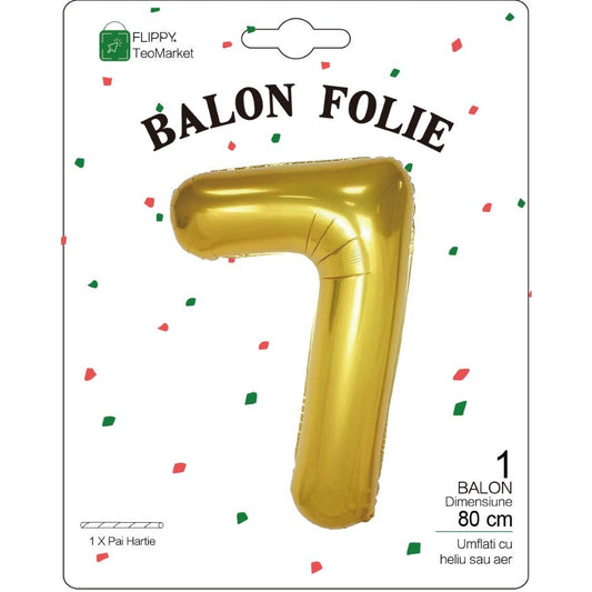 Balon din Folie Metalizata, Figurina Cifra, Tema Aniversare 80 cm, Ambalaj Individual, Pai inclus, Umflare cu Aer sau Heliu, Auriu, Cifra 7