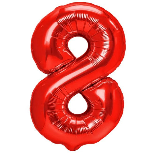 Balon din Folie Metalizata, Figurina Cifra, Tema Aniversare 40 cm, Ambalaj Individual, Pai inclus, Umflare cu Aer sau Heliu, Rosu, Cifra 8