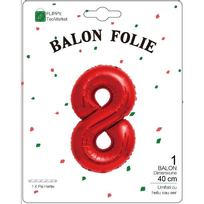 Balon din Folie Metalizata, Figurina Cifra, Tema Aniversare 40 cm, Ambalaj Individual, Pai inclus, Umflare cu Aer sau Heliu, Rosu, Cifra 8