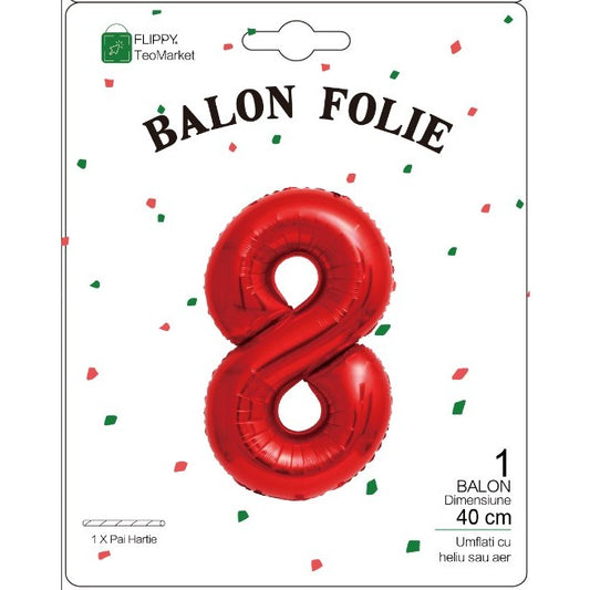 Balon din Folie Metalizata, Figurina Cifra, Tema Aniversare 40 cm, Ambalaj Individual, Pai inclus, Umflare cu Aer sau Heliu, Rosu, Cifra 8