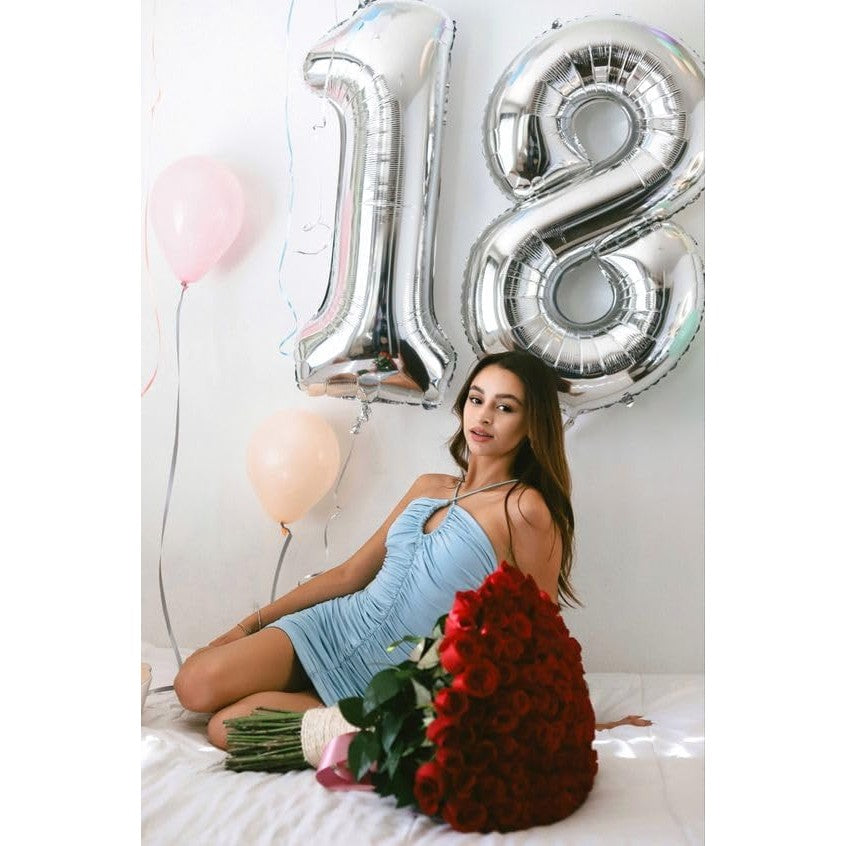 Balon din Folie Metalizata, Figurina Cifra, Tema Aniversare 80 cm, Ambalaj Individual, Pai inclus, Umflare cu Aer sau Heliu, Argintiu, Cifra 8