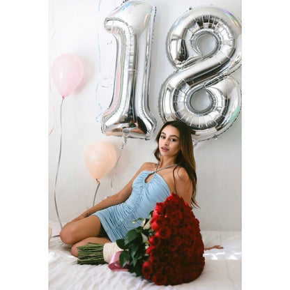 Balon din Folie Metalizata, Figurina Cifra, Tema Aniversare 80 cm, Ambalaj Individual, Pai inclus, Umflare cu Aer sau Heliu, Argintiu, Cifra 8
