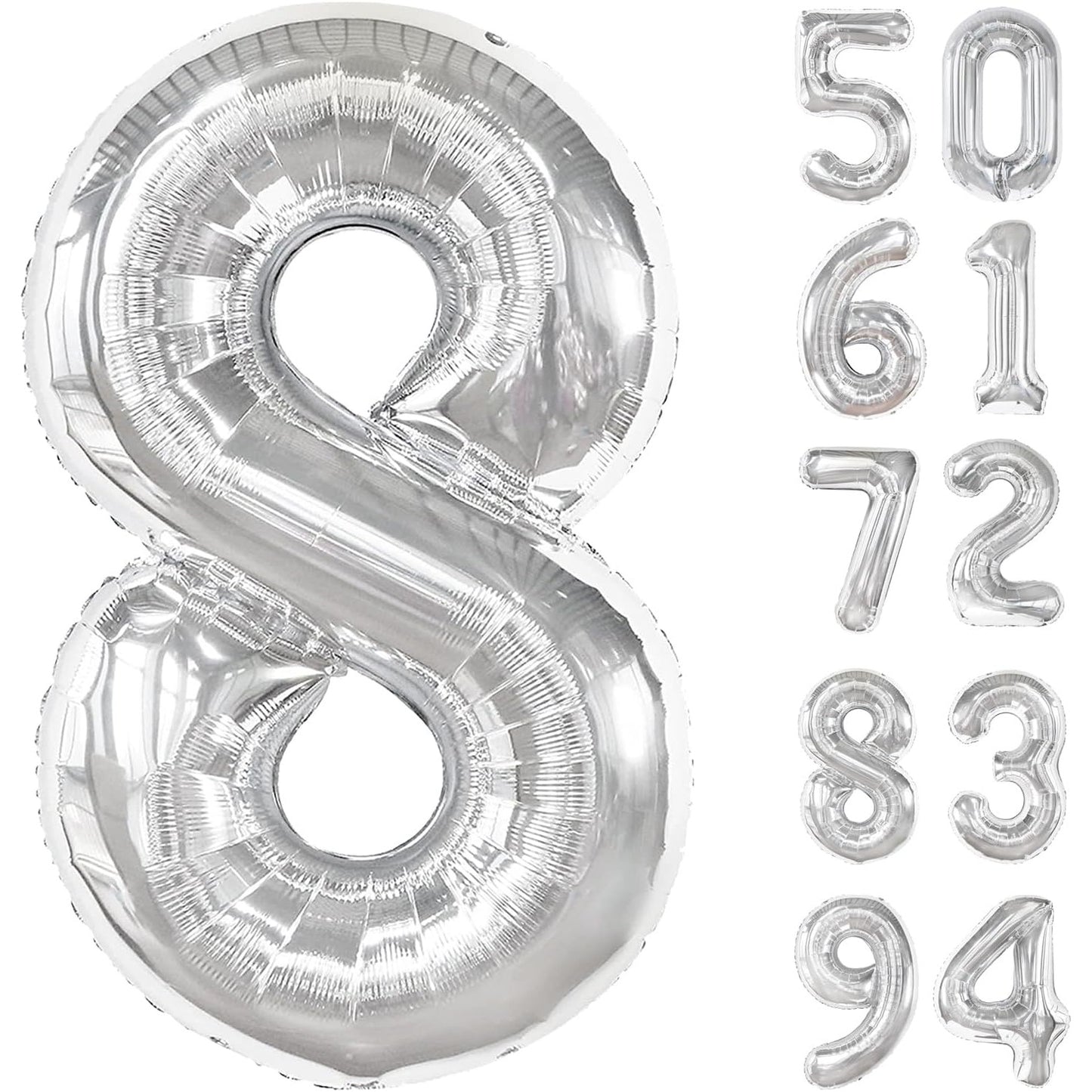 Balon din Folie Metalizata, Figurina Cifra, Tema Aniversare 80 cm, Ambalaj Individual, Pai inclus, Umflare cu Aer sau Heliu, Argintiu, Cifra 8