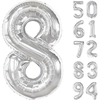 Balon din Folie Metalizata, Figurina Cifra, Tema Aniversare 80 cm, Ambalaj Individual, Pai inclus, Umflare cu Aer sau Heliu, Argintiu, Cifra 8