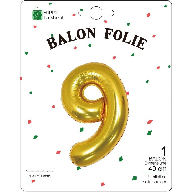 Balon din Folie Metalizata, Figurina Cifra, Tema Aniversare 40 cm, Ambalaj Individual, Pai inclus, Umflare cu Aer sau Heliu, Auriu, Cifra 9
