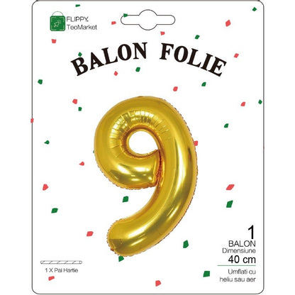 Balon din Folie Metalizata, Figurina Cifra, Tema Aniversare 40 cm, Ambalaj Individual, Pai inclus, Umflare cu Aer sau Heliu, Auriu, Cifra 9