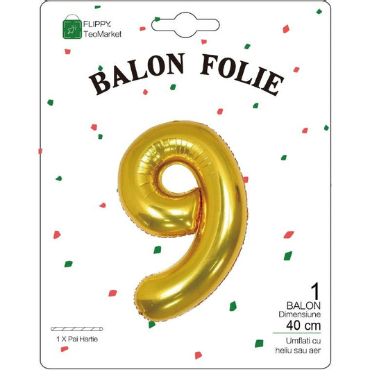 Balon din Folie Metalizata, Figurina Cifra, Tema Aniversare 40 cm, Ambalaj Individual, Pai inclus, Umflare cu Aer sau Heliu, Auriu, Cifra 9