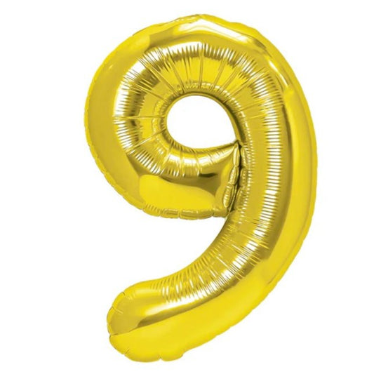 Balon din Folie Metalizata, Figurina Cifra, Tema Aniversare 40 cm, Ambalaj Individual, Pai inclus, Umflare cu Aer sau Heliu, Auriu, Cifra 9