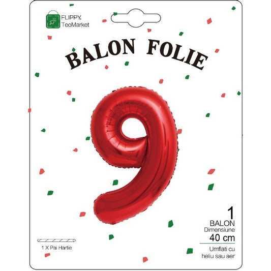 Balon din Folie Metalizata, Figurina Cifra, Tema Aniversare 40 cm, Ambalaj Individual, Pai inclus, Umflare cu Aer sau Heliu, Rosu, Cifra 9