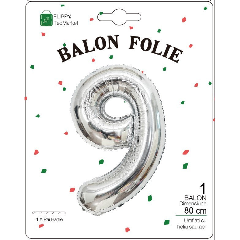 Balon din Folie Metalizata, Figurina Cifra, Tema Aniversare 80 cm, Ambalaj Individual, Pai inclus, Umflare cu Aer sau Heliu, Argintiu, Cifra 9