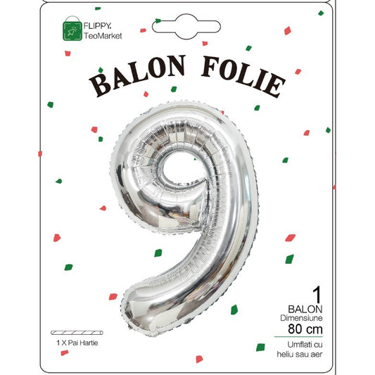 Balon din Folie Metalizata, Figurina Cifra, Tema Aniversare 80 cm, Ambalaj Individual, Pai inclus, Umflare cu Aer sau Heliu, Argintiu, Cifra 9