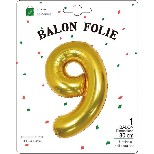 Balon din Folie Metalizata, Figurina Cifra, Tema Aniversare 80 cm, Ambalaj Individual, Pai inclus, Umflare cu Aer sau Heliu, Auriu, Cifra 9