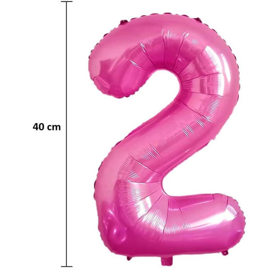 Balon din Folie Metalizata, Figurina Cifra, Tema Aniversare 40 cm, Ambalaj Individual, Pai inclus, Umflare cu Aer sau Heliu, Roz, Cifra 2