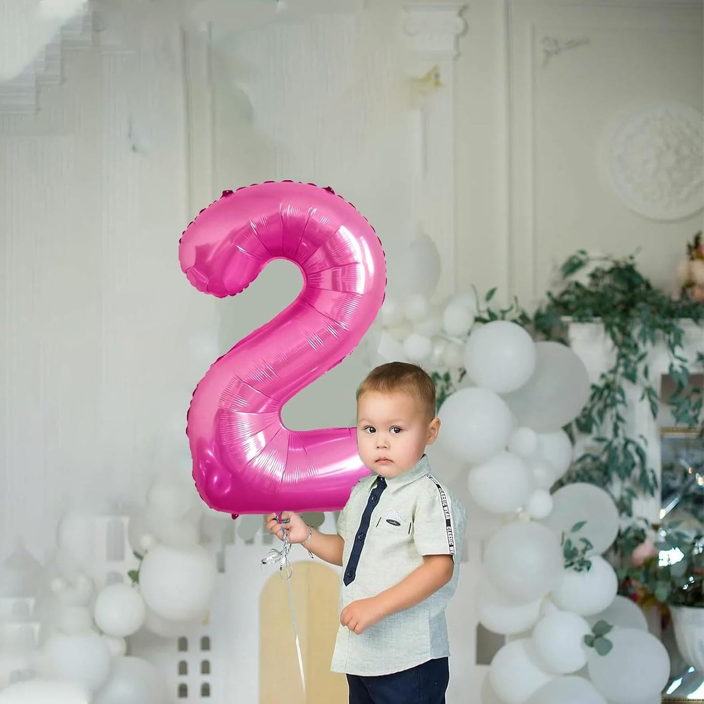 Balon din Folie Metalizata, Figurina Cifra, Tema Aniversare 40 cm, Ambalaj Individual, Pai inclus, Umflare cu Aer sau Heliu, Roz, Cifra 2