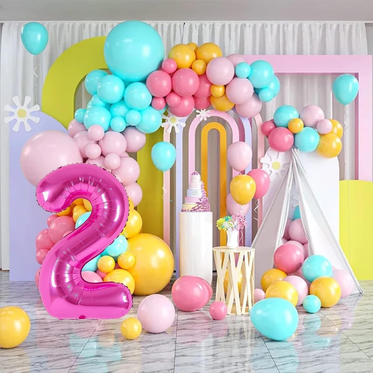 Balon din Folie Metalizata, Figurina Cifra, Tema Aniversare 40 cm, Ambalaj Individual, Pai inclus, Umflare cu Aer sau Heliu, Roz, Cifra 2