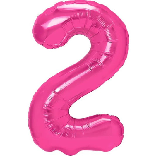 Balon din Folie Metalizata, Figurina Cifra, Tema Aniversare 40 cm, Ambalaj Individual, Pai inclus, Umflare cu Aer sau Heliu, Roz, Cifra 2