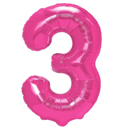 Balon din Folie Metalizata, Figurina Cifra, Tema Aniversare 40 cm, Ambalaj Individual, Pai inclus, Umflare cu Aer sau Heliu, Roz, Cifra 3