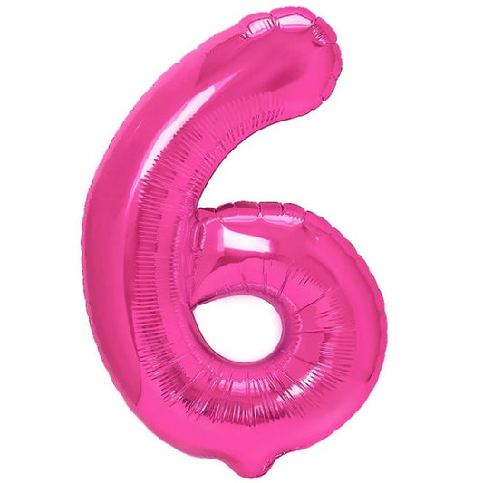 Balon din Folie Metalizata, Figurina Cifra, Tema Aniversare 40 cm, Ambalaj Individual, Pai inclus, Umflare cu Aer sau Heliu, Roz, Cifra 6