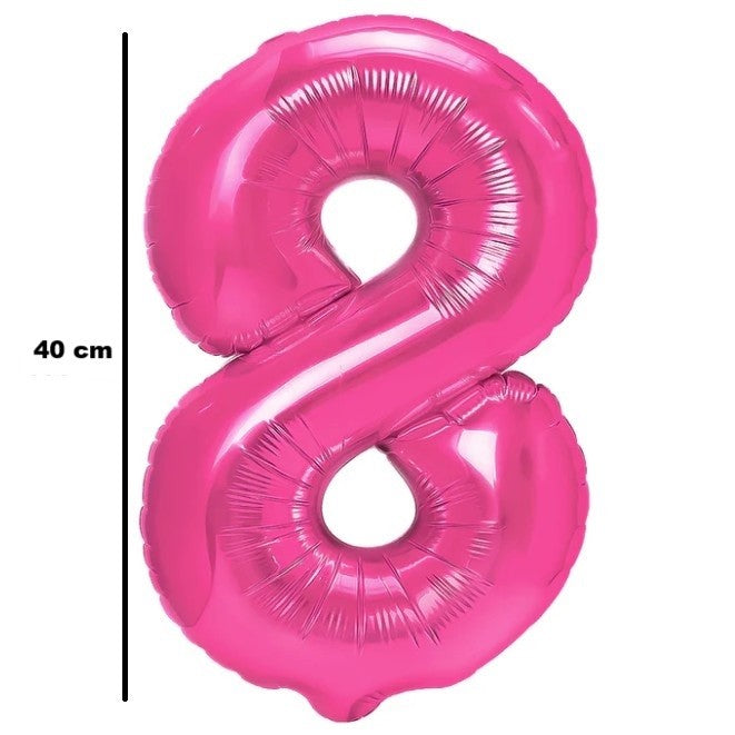 Balon din Folie Metalizata, Figurina Cifra, Tema Aniversare 40 cm, Ambalaj Individual, Pai inclus, Umflare cu Aer sau Heliu, Roz, Cifra 8