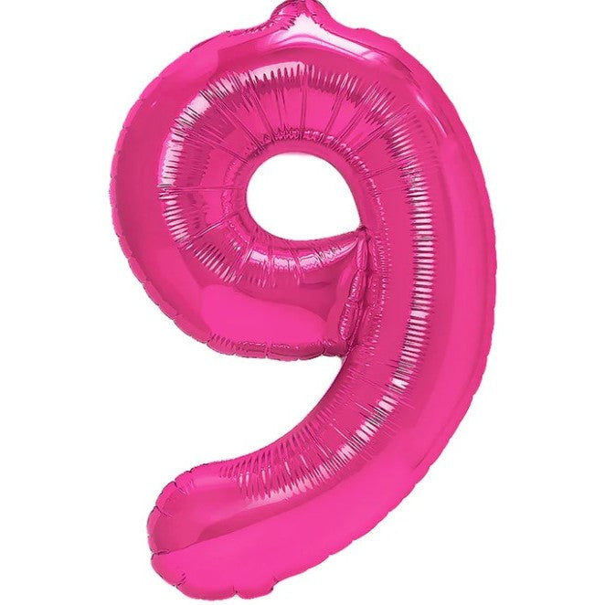 Balon din Folie Metalizata, Figurina Cifra, Tema Aniversare 40 cm, Ambalaj Individual, Pai inclus, Umflare cu Aer sau Heliu, Roz, Cifra 9