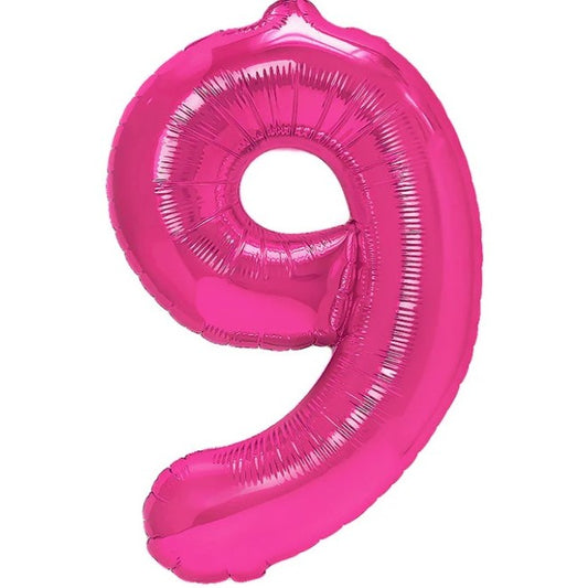 Balon din Folie Metalizata, Figurina Cifra, Tema Aniversare 40 cm, Ambalaj Individual, Pai inclus, Umflare cu Aer sau Heliu, Roz, Cifra 9