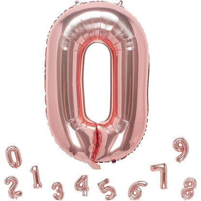 Balon din Folie Metalizata, Figurina Cifra, Tema Aniversare 40 cm, Ambalaj Individual, Pai inclus, Umflare cu Aer sau Heliu, Rose Gold, Cifra 0