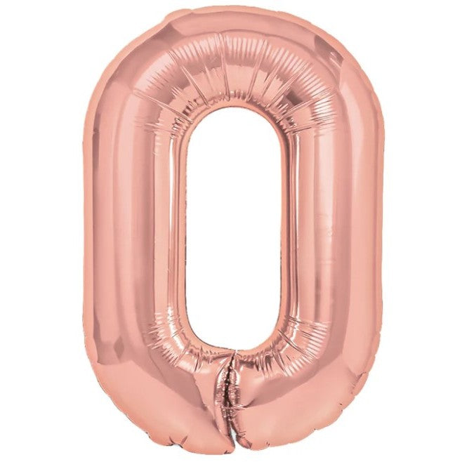Balon din Folie Metalizata, Figurina Cifra, Tema Aniversare 40 cm, Ambalaj Individual, Pai inclus, Umflare cu Aer sau Heliu, Rose Gold, Cifra 0