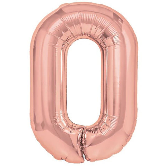 Balon din Folie Metalizata, Figurina Cifra, Tema Aniversare 40 cm, Ambalaj Individual, Pai inclus, Umflare cu Aer sau Heliu, Rose Gold, Cifra 0