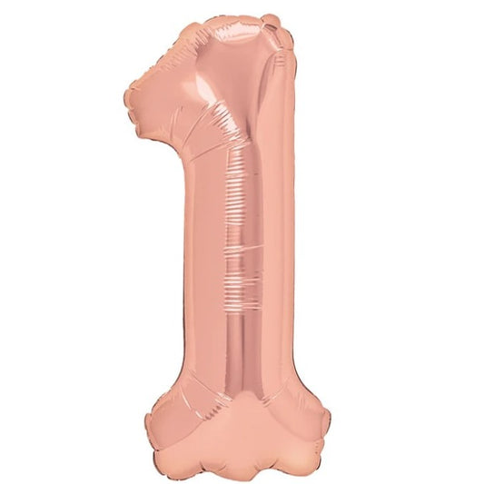 Balon din Folie Metalizata, Figurina Cifra, Tema Aniversare 40 cm, Ambalaj Individual, Pai inclus, Umflare cu Aer sau Heliu, Rose Gold, Cifra 1