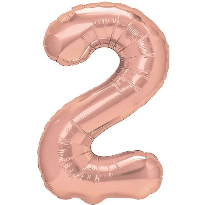 Balon din Folie Metalizata, Figurina Cifra, Tema Aniversare 40 cm, Ambalaj Individual, Pai inclus, Umflare cu Aer sau Heliu, Rose Gold, Cifra 2
