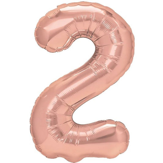 Balon din Folie Metalizata, Figurina Cifra, Tema Aniversare 40 cm, Ambalaj Individual, Pai inclus, Umflare cu Aer sau Heliu, Rose Gold, Cifra 2