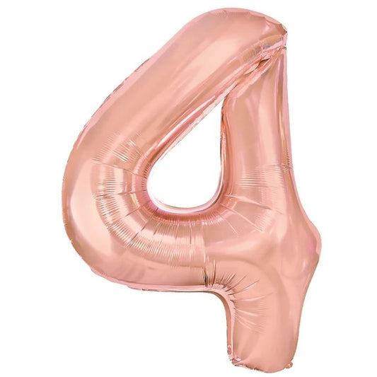 Balon din Folie Metalizata, Figurina Cifra, Tema Aniversare 40 cm, Ambalaj Individual, Pai inclus, Umflare cu Aer sau Heliu, Rose Gold, Cifra 4
