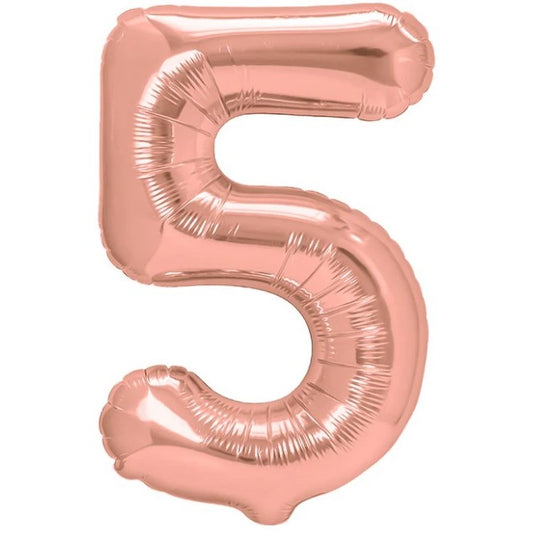 Balon din Folie Metalizata, Figurina Cifra, Tema Aniversare 40 cm, Ambalaj Individual, Pai inclus, Umflare cu Aer sau Heliu, Rose Gold, Cifra 5