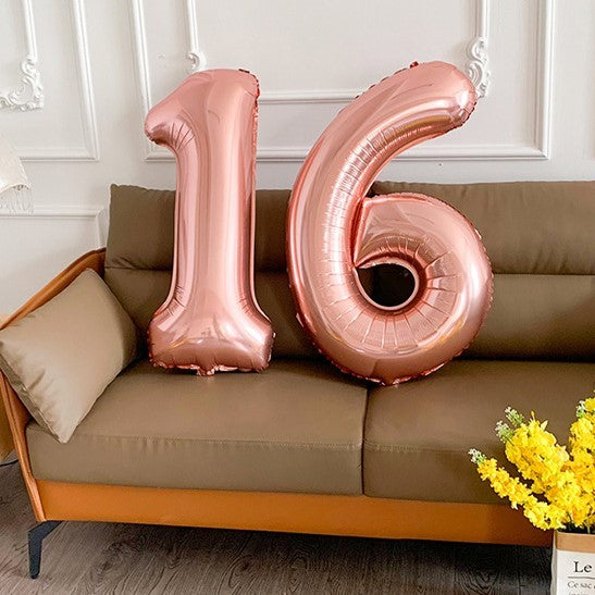 Balon din Folie Metalizata, Figurina Cifra, Tema Aniversare 40 cm, Ambalaj Individual, Pai inclus, Umflare cu Aer sau Heliu, Roz Gold, Cifra 6