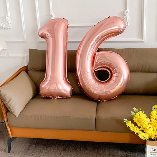Balon din Folie Metalizata, Figurina Cifra, Tema Aniversare 40 cm, Ambalaj Individual, Pai inclus, Umflare cu Aer sau Heliu, Roz Gold, Cifra 6