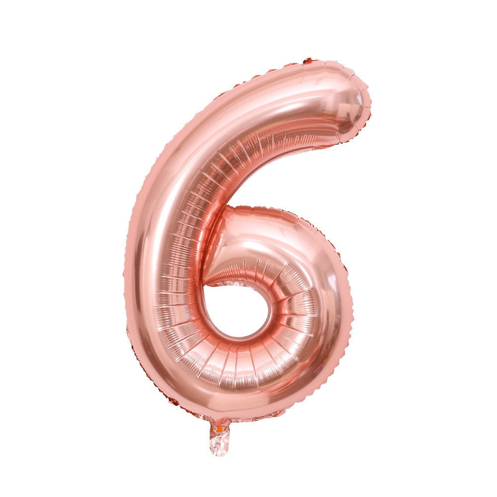 Balon din Folie Metalizata, Figurina Cifra, Tema Aniversare 40 cm, Ambalaj Individual, Pai inclus, Umflare cu Aer sau Heliu, Roz Gold, Cifra 6