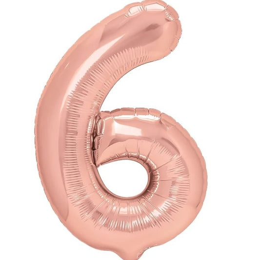 Balon din Folie Metalizata, Figurina Cifra, Tema Aniversare 40 cm, Ambalaj Individual, Pai inclus, Umflare cu Aer sau Heliu, Roz Gold, Cifra 6