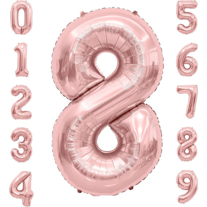 Balon din Folie Metalizata, Figurina Cifra, Tema Aniversare 40 cm, Ambalaj Individual, Pai inclus, Umflare cu Aer sau Heliu, Rose Gold, Cifra 8