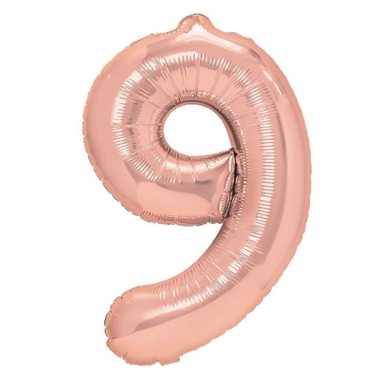 Balon din Folie Metalizata, Figurina Cifra, Tema Aniversare 40 cm, Ambalaj Individual, Pai inclus, Umflare cu Aer sau Heliu, Rose Gold, Cifra 9