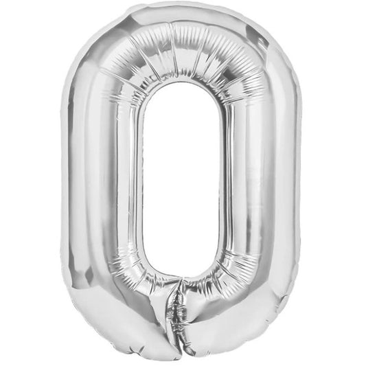 Balon din Folie Metalizata, Figurina Cifra, Tema Aniversare 40 cm, Ambalaj Individual, Pai inclus, Umflare cu Aer sau Heliu, Argintiu, Cifra 0