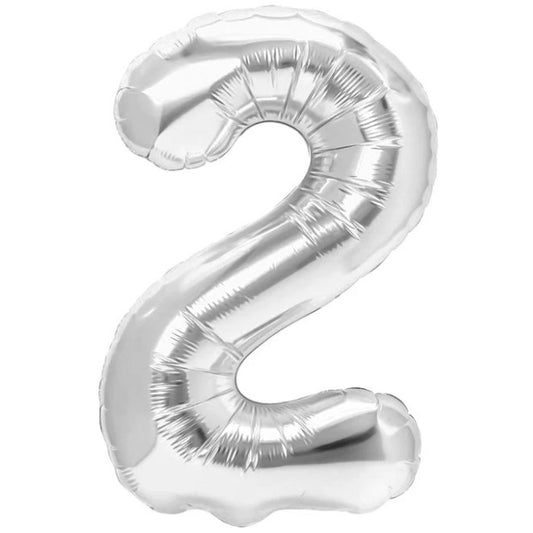 Balon din Folie Metalizata, Figurina Cifra, Tema Aniversare 40 cm, Ambalaj Individual, Pai inclus, Umflare cu Aer sau Heliu, Argintiu, Cifra 2