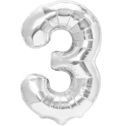 Balon din Folie Metalizata, Figurina Cifra, Tema Aniversare 40 cm, Ambalaj Individual, Pai inclus, Umflare cu Aer sau Heliu, Argintiu, Cifra 3
