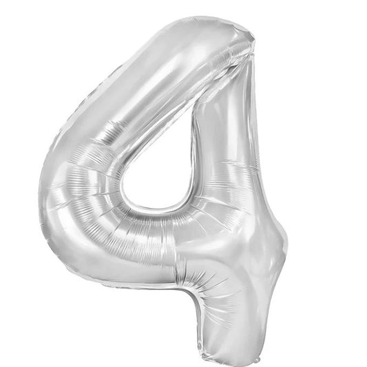 Balon din Folie Metalizata, Figurina Cifra, Tema Aniversare 40 cm, Ambalaj Individual, Pai inclus, Umflare cu Aer sau Heliu, Argintiu, Cifra 4